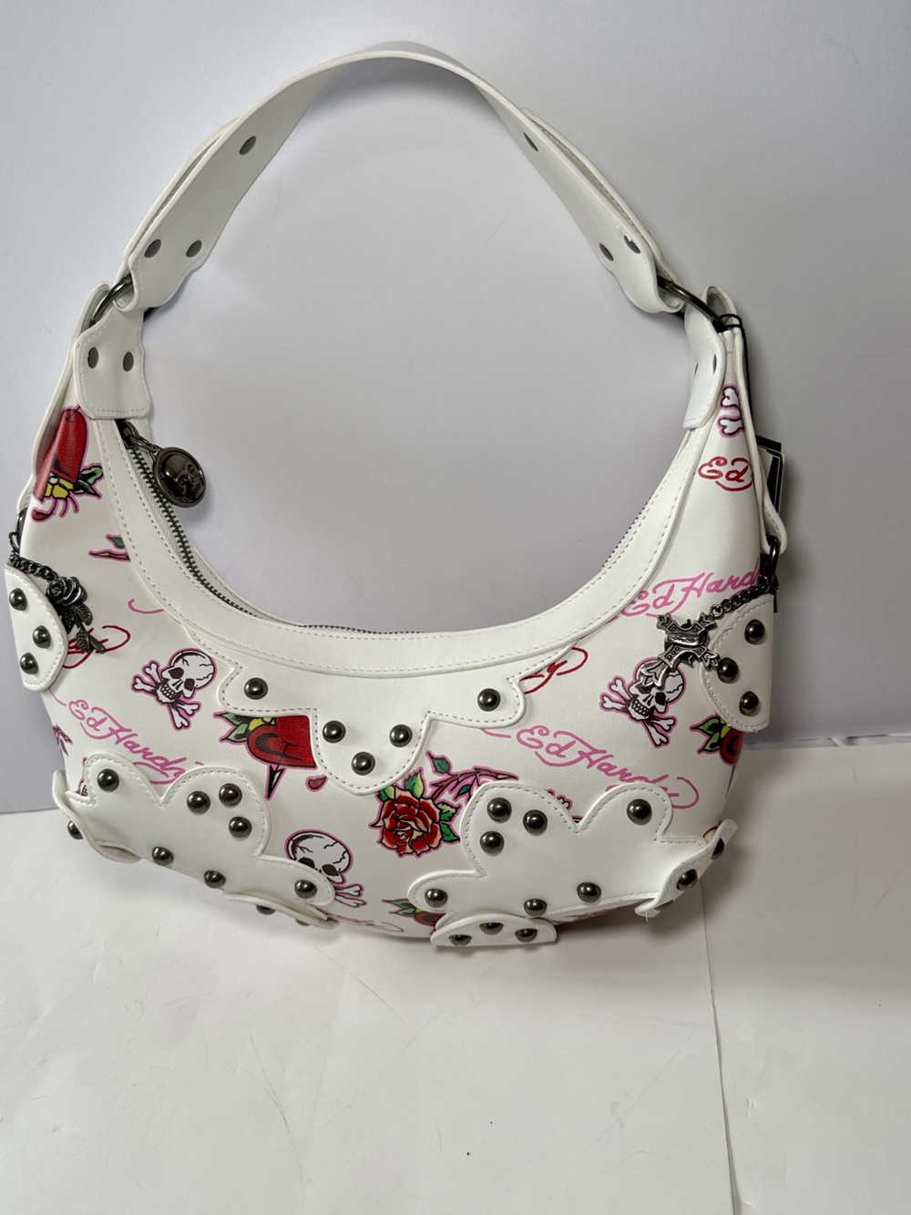 Ed Hardy White Skull Rose Heart Studded Hobo Shoulder Bag Purse Y2K Style